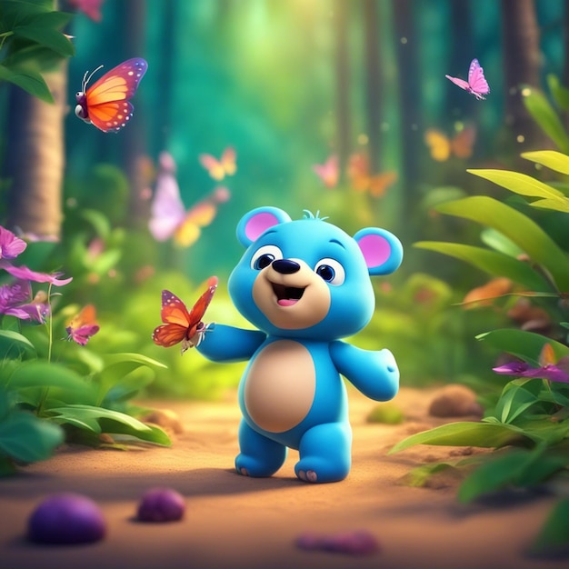 Foto un lindo oso de dibujos animados en 3d jugando con una mariposa de colores en un fondo de selva borrosa y limpia