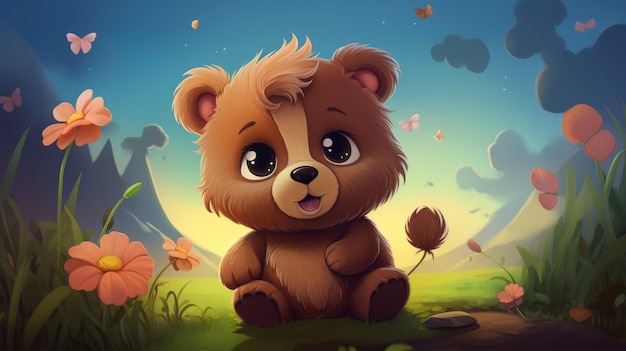 Lindo oso de dibujos animados en el bosque generado por ai