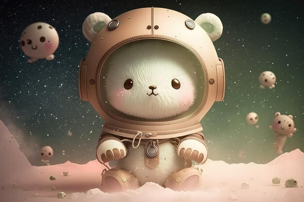 Lindo oso de dibujos animados disfrazado de astronauta IA generativa