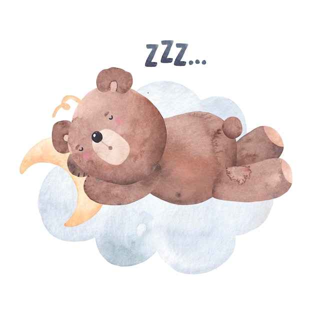 Lindo oso durmiendo en una nube Se puede usar para baby shower o carteles para niños Ilustración dibujada a mano con acuarela con fondo blanco aislado