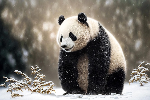 Lindo oso gordo con cachorros se sienta en la nieve