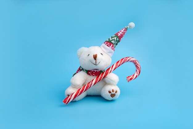 Lindo oso en un juguete de sombrero de Navidad tiene una paleta en sus patas.