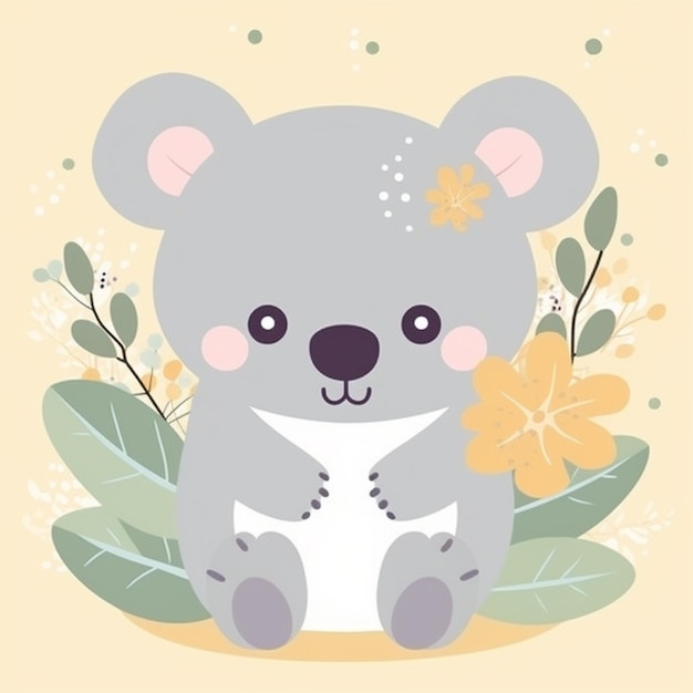 Un lindo oso koala se sienta sobre un fondo amarillo con hojas y flores.