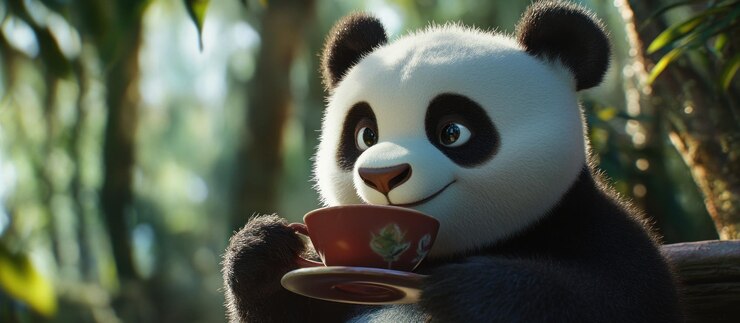 Foto un lindo oso panda de dibujos animados se sienta en un bosque de bambú sosteniendo una taza de té y un platillo con una expresión feliz en su cara