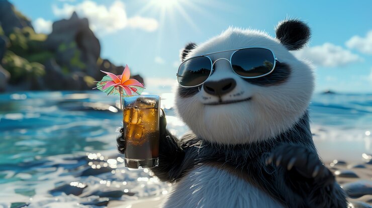 Foto un lindo oso panda con gafas de sol está disfrutando de una bebida tropical en la playa