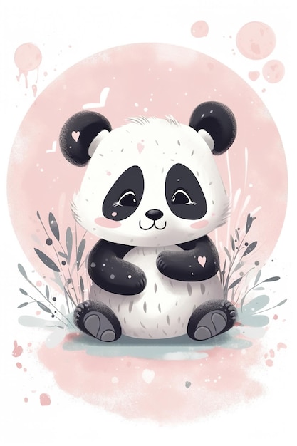 Lindo oso panda sentado entre flores y plantas Ilustración infantil de estilo escandinavo