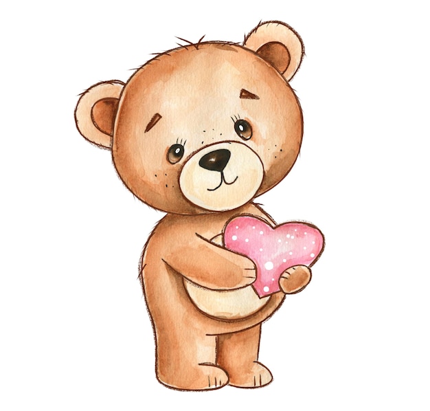 El lindo oso de peluche de acuarela con un corazón rosado