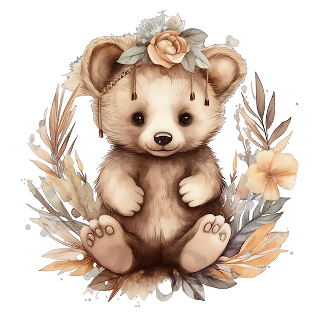 Lindo oso de peluche de acuarela con flores y plantas boho ilustración