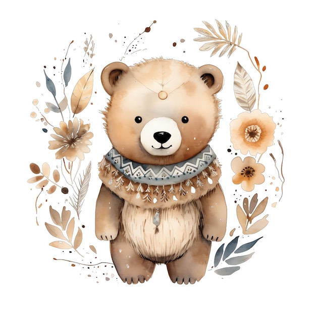 Lindo oso de peluche de acuarela con flores y plantas boho ilustración