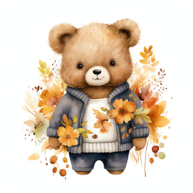 Lindo oso de peluche de acuarela en el otoño otoño ilustración osos de peluche clipart