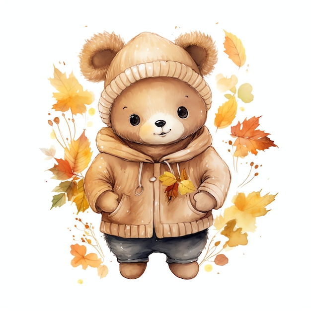 Lindo oso de peluche de acuarela en el otoño otoño ilustración osos de peluche clipart