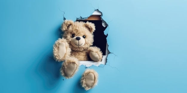 Lindo oso de peluche asomándose por un agujero en la pared agujero rasgado maqueta de marco de espacio de copia vacía Imagen de IA generativa weber