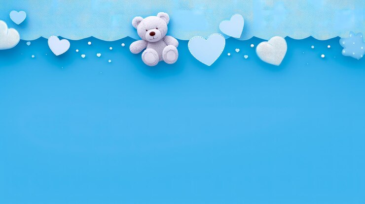 Lindo oso de peluche y corazones sobre fondo azul de acuarela