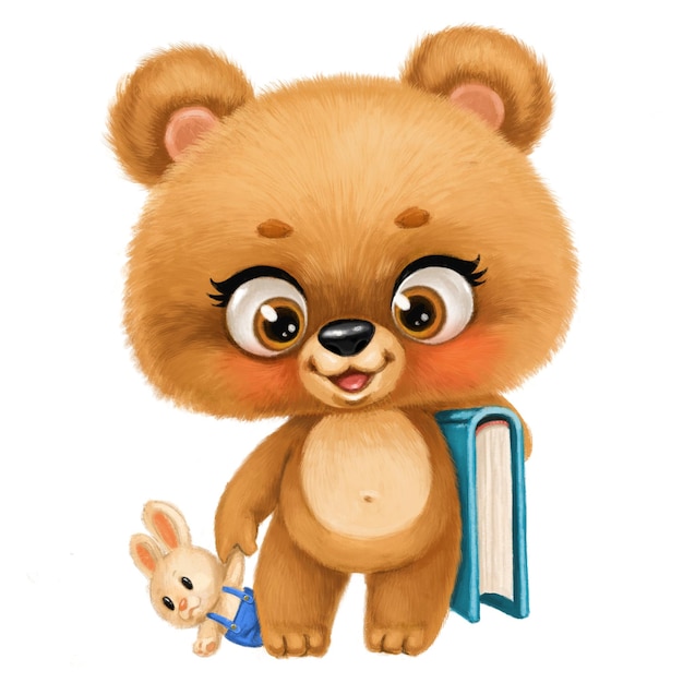 Lindo oso de peluche de dibujos animados con un gran libro y un conejo de juguete aislado sobre un fondo blanco