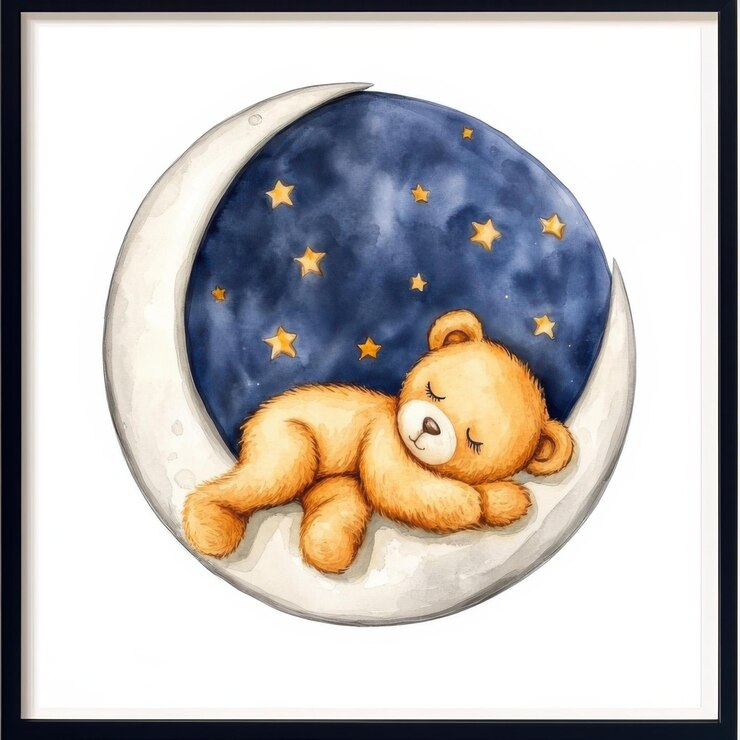 Lindo oso de peluche durmiendo en la luna creciente con estrellas ilustración de acuarela