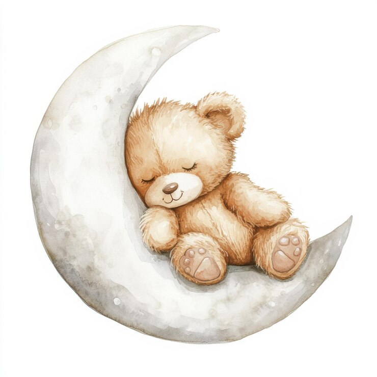 Lindo oso de peluche durmiendo en la luna creciente ilustración de acuarela