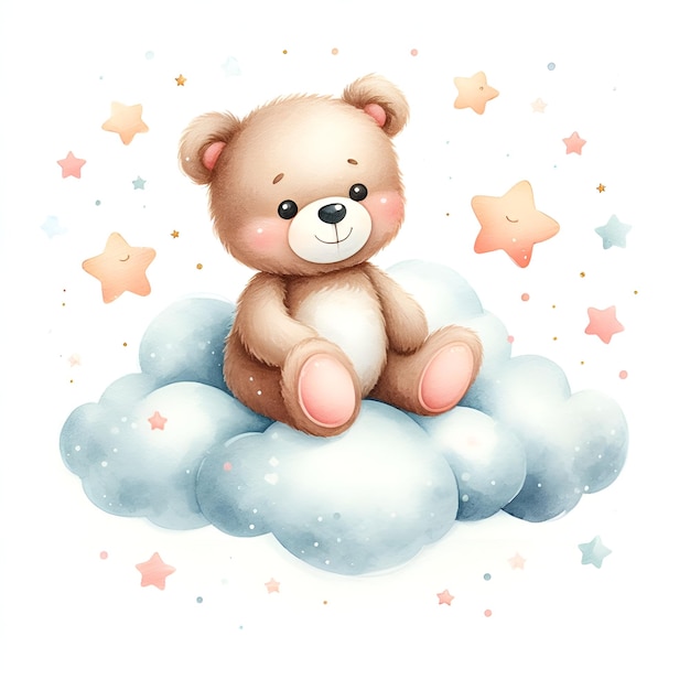 Lindo oso de peluche durmiendo en una nube con estrellas concepto de guardería ilustración de acuarela aislada