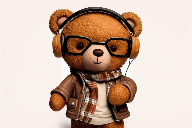 Lindo oso de peluche escuchando música con auriculares y usando una elegante chaqueta IA generativa