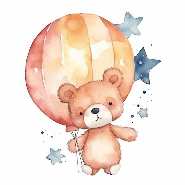 Lindo oso de peluche con globo Acuarela Ilustración AI GenerativexA