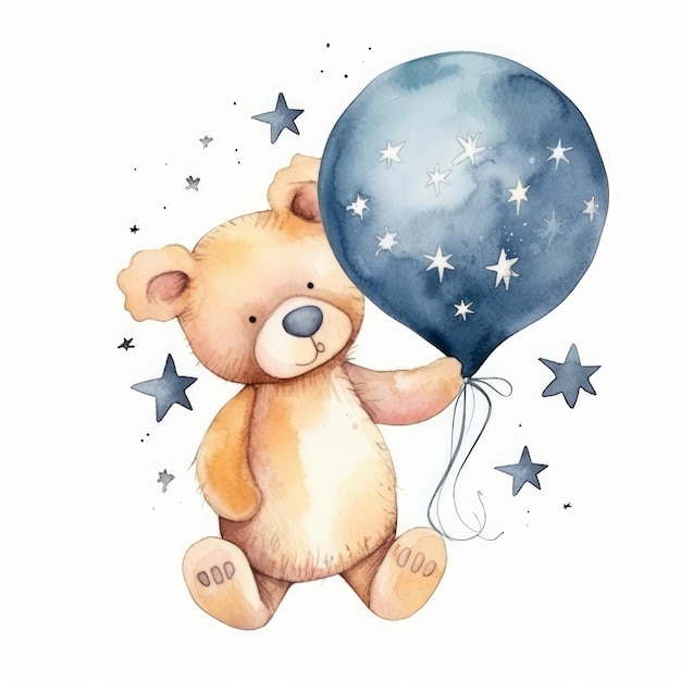 Lindo oso de peluche con globo Acuarela Ilustración AI GenerativexA