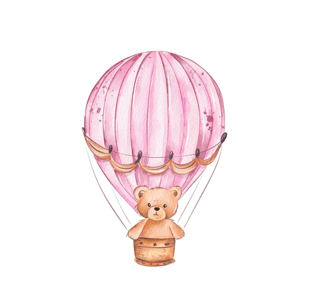 Un lindo oso de peluche en un globo de aire caliente rosado que se eleva por encima de un paisaje de ensueño