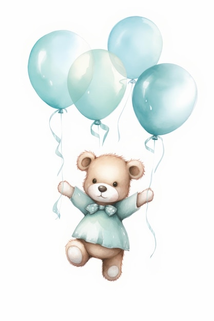 Lindo oso de peluche con globos aislados en un fondo blanco