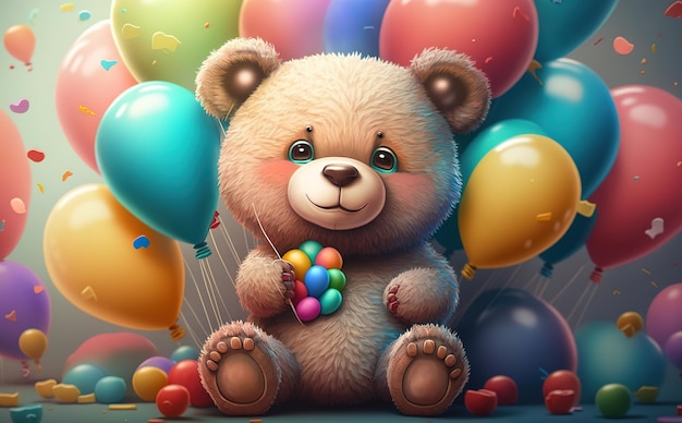 lindo oso de peluche con globos de colores sobre fondo pastel