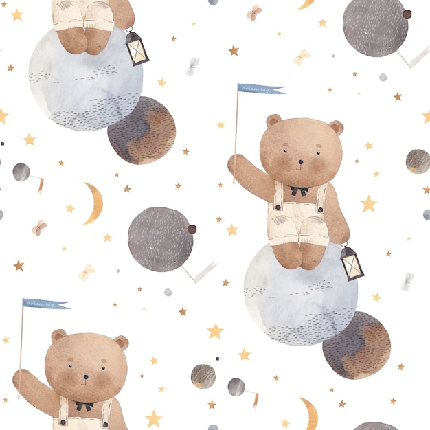 Foto lindo oso de peluche con una linterna se sienta en un planeta oso de peluche ondeando una bandera patrón sin costuras ilustración de acuarela bonita decoración para niños