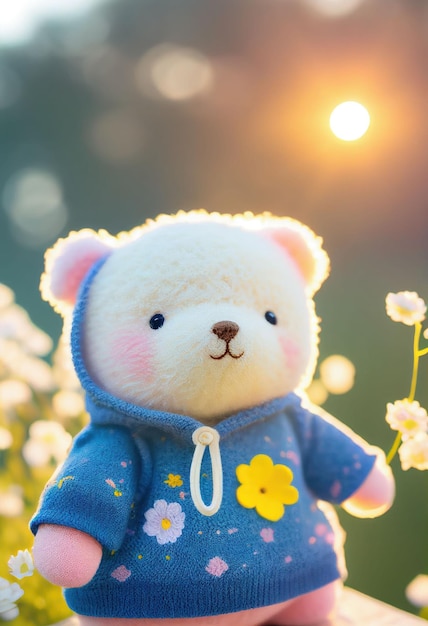 Lindo oso de peluche de muñeca de hilo en el campo de la flor en la luz brillante Creado con tecnología de IA generativa