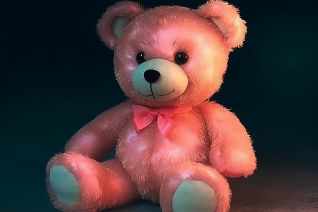 Lindo oso de peluche con pajarita rosa sobre fondo oscuro