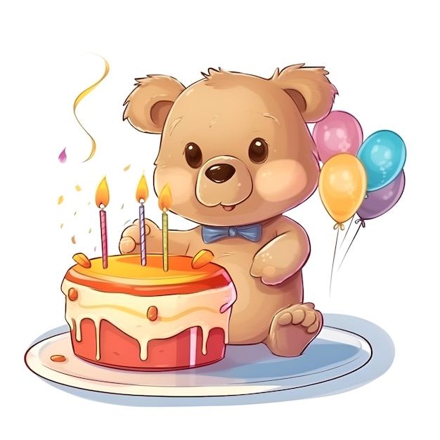 Lindo oso de peluche con pastel de cumpleaños Ilustración de vector de dibujos animados
