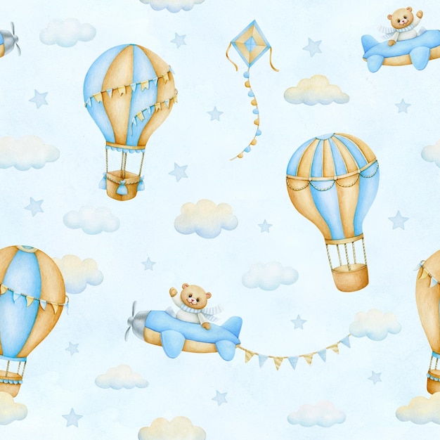 Lindo oso de peluche piloto de dibujos animados globos de aire caliente nubes acuarela dibujo a mano patrón sin costuras