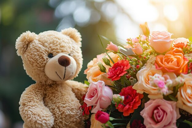 Foto un lindo oso de peluche sentado al lado de un hermoso ramo de flores