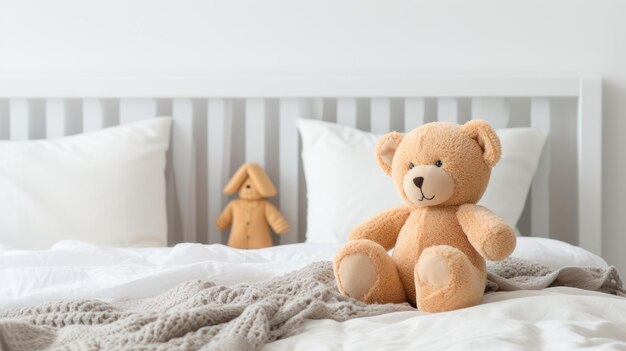 Un lindo oso de peluche sentado en una cama con una manta y una muñeca de conejo en el fondo