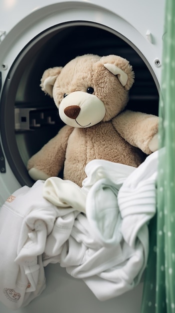 Foto un lindo oso de peluche sentado en el primer plano de la lavadora