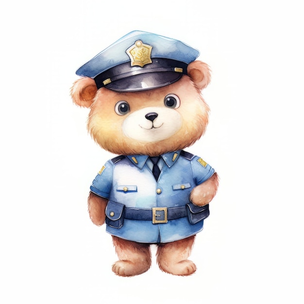 Lindo oso de peluche en uniforme de policía Ilustración acuarela