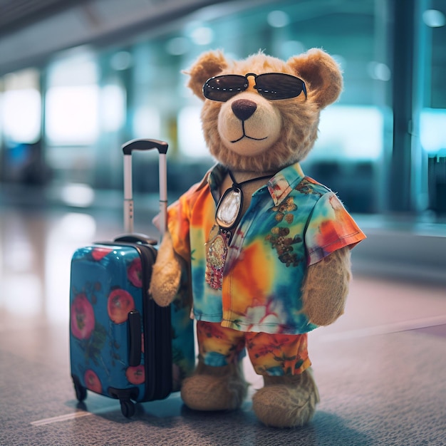 Lindo oso de peluche vestido con una camisa hawaiana con una maleta en el fondo de un aeropuerto borroso Concepto de viaje Contenido generado por IA
