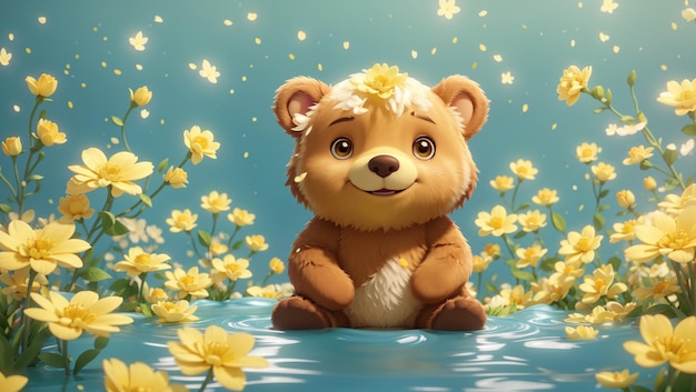 Foto lindo oso está en el río con flores amarillas.