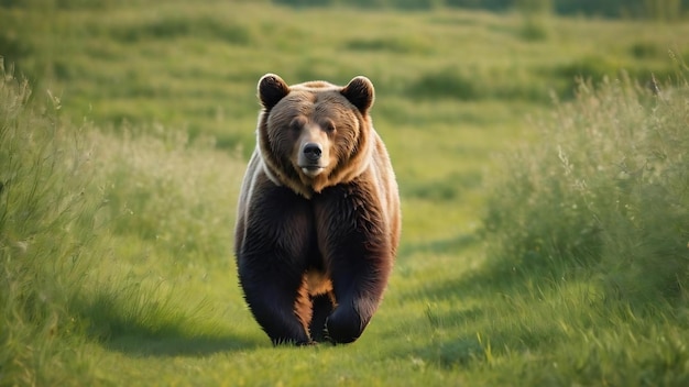 El lindo oso ruso caminando sobre la hierba verde en el fondo de la naturaleza