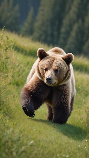 El lindo oso ruso caminando sobre la hierba verde en el fondo de la naturaleza