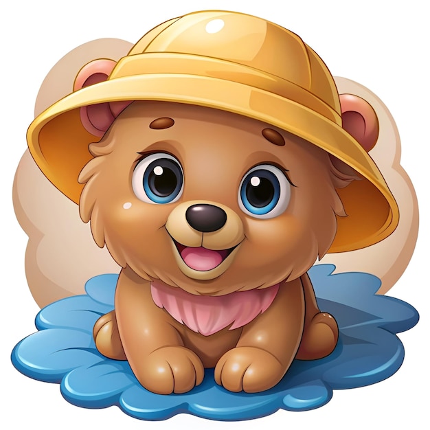 Foto lindo oso con sombrero en la playa ilustración para niños