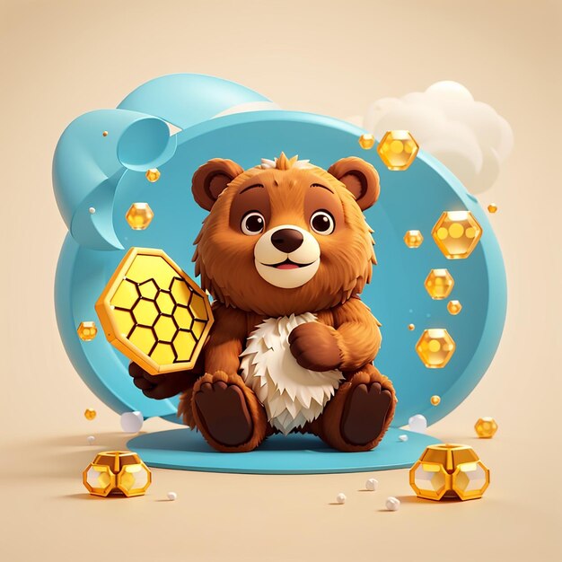 Lindo oso soplando burbuja de panal de miel icono vectorial de dibujos animados Ilustración icono de naturaleza animal aislado