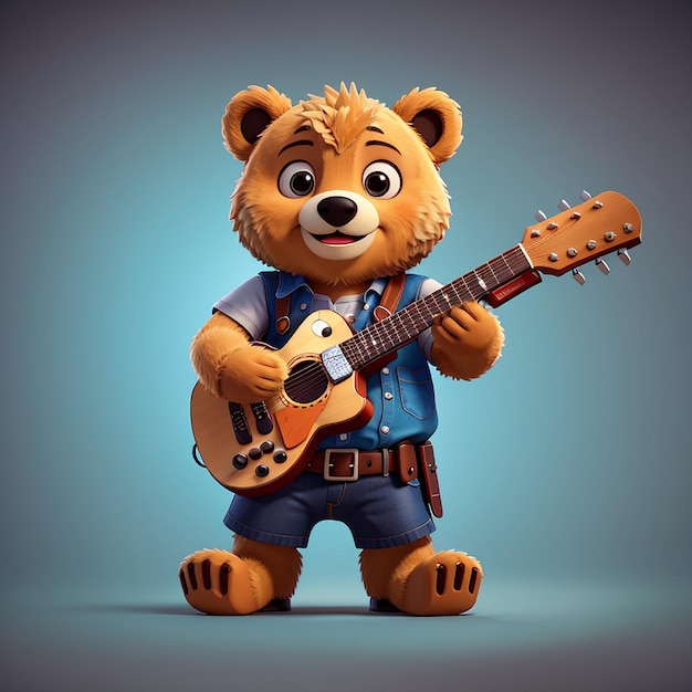 Lindo oso tocando la guitarra con la mano de metal ilustración de icono vectorial de dibujos animados
