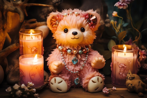 Lindo oso con velas boho para decoración de arte de pared con ilustración de guardería infantil