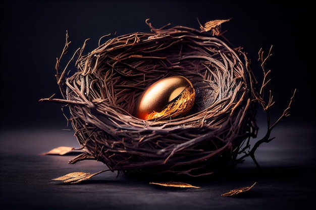 Lindo ovo de ouro brilhante no ninho de pássaros em fundo de xisto escuro O ovo de ouro no ninho Generative AI
