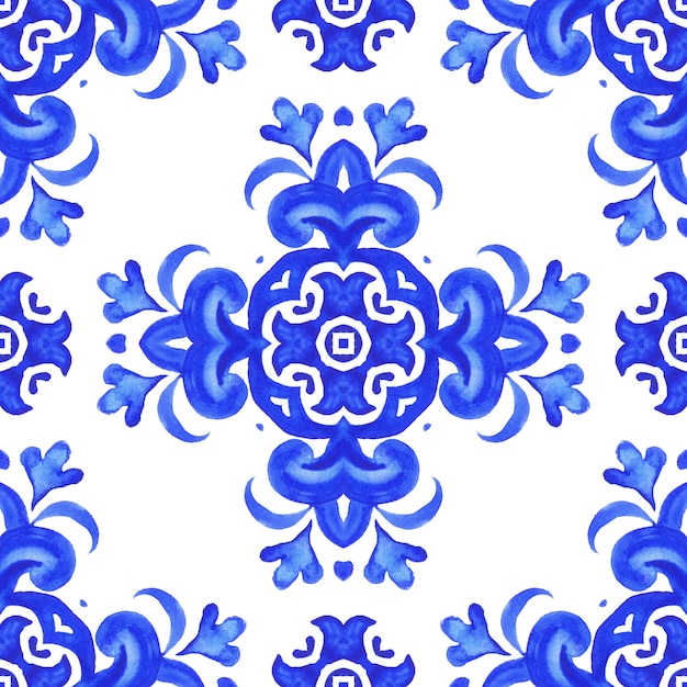 Lindo padrão de aquarela azul sem costura telhas tecido rapport. design de parede decorativa portuguesa de azul cobalto azulejo