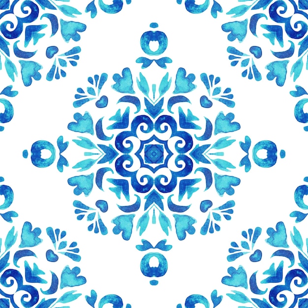 Lindo padrão de aquarela floral azul sem costura azulejos de filigrana design de tecido azul cobalto azulejo damasco decorativo português