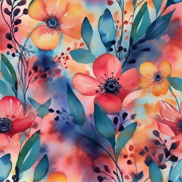 Foto lindo padrão floral aquarela de verão sem costura com flores silvestres de campo desenhadas à mão