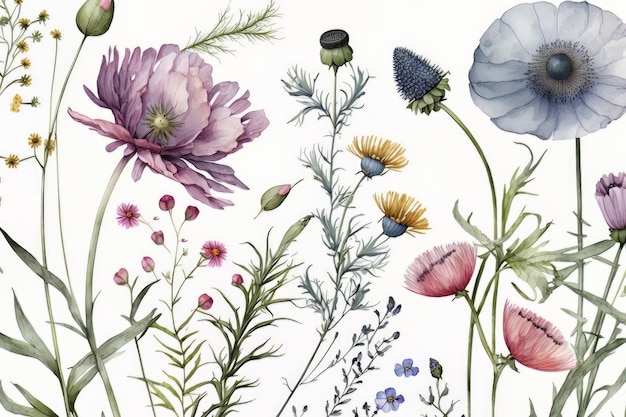 Lindo padrão floral de verão com ilustração em aquarela AI Generative