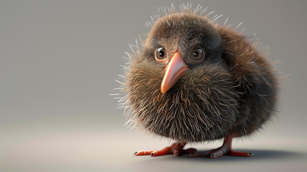 Un lindo pajarito kiwi con ojos grandes y un pelaje esponjoso de plumas está de pie en una rama y mirando a la cámara